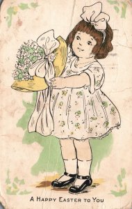 A Happy Easter To You Greetings Card Girl w/ Hat Flowers Vintage Postcard 1916