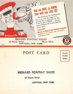 B75/ Lowville New York NY Postcard c30s Menard Pontiac Sales Advertisement Auto