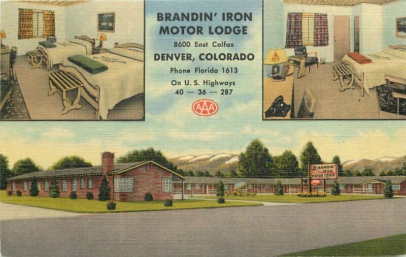 Brandin Iron Motor Lodge Denver Colorado linen 1953 Postcard roadside 10595
