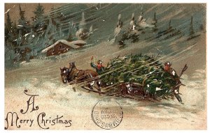 A Merry Christmas Sleigh Scene in Snow with Elves 1906 Postcard Columbus OH