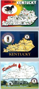 3 Postcards KENTUCKY Bluegrass State ILLUSTRATED MAPS Cartographs ~ 4x6