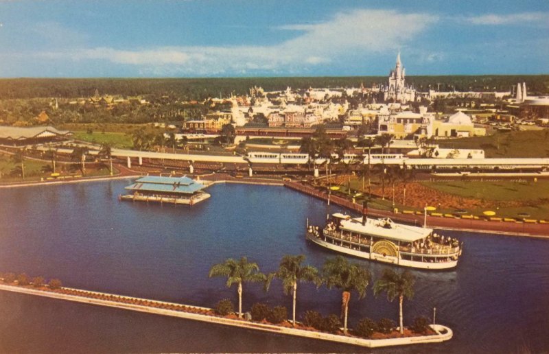 WALT DISNEY WORLD Magic Kingdom Steamboat & Monorail ca 1970s Vintage Postcard