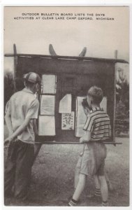 Boys at Bulletin Board Clear Lake Camp Oxford Michigan 1945 postcard