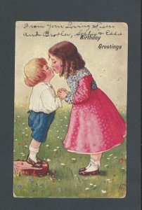 1907 Post Card Humor Norma NJ Birthday Greetings Girl Kissing Younger Boy UDB