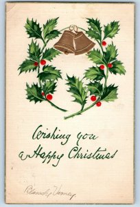Christmas Postcard Ringing Bells Holly Berries Embossed Tuck 1907 Posted Antique