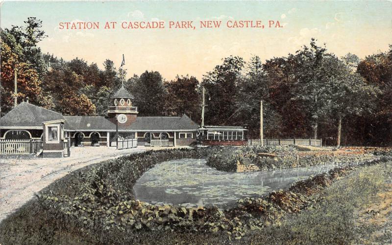 D64/ New Castle Pennsylvania Pa Postcard Railroad Depot Station '09 Cascade Park