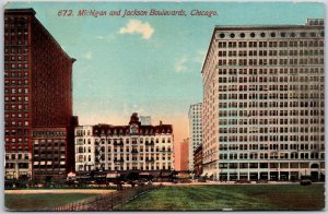 Michigan And Jackson Boulevards Chicago Illinois IL Buildings Postcard