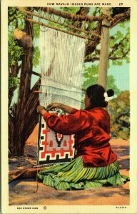 How Navajo Indian Rugs are Made woman weaving New Mexico Postcard