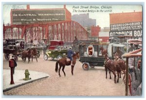Rush Street Bridge Chicago IL The Central Warehouse Cars Horse Carriage Postcard