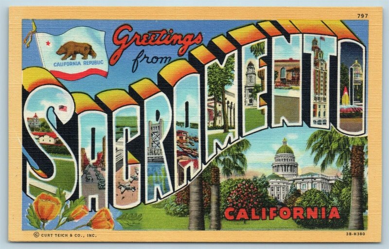 Postcard CA Large Letter Greetings From Sacramento California c1940s Linen B12