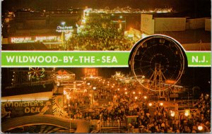 Wildwood By The Sea NJ at Night Boardwalk Marine Pier Monsters Den Postcard F57