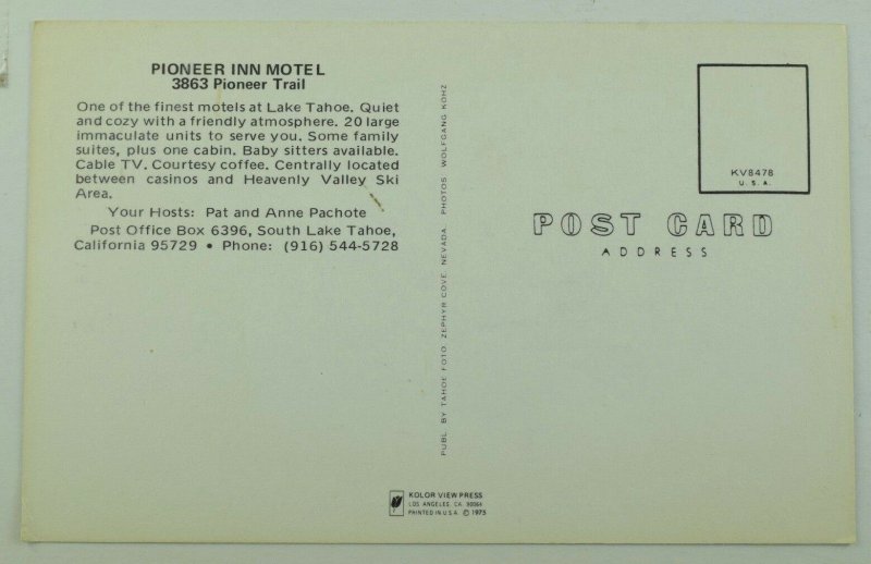 Pioneer Inn Motel, South Lake Tahoe, Calf. Vintage Postcard F27