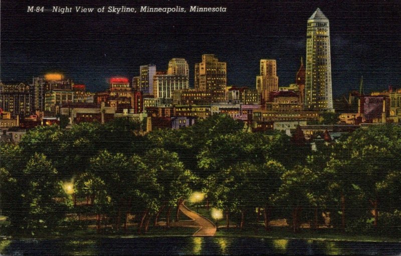 Minnesota Minneapolis Night View Of Skyline Curteich
