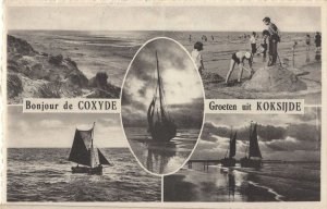 Coxyde Belgium Boys Standing On Sand Castle Boats At Dusk Postcard