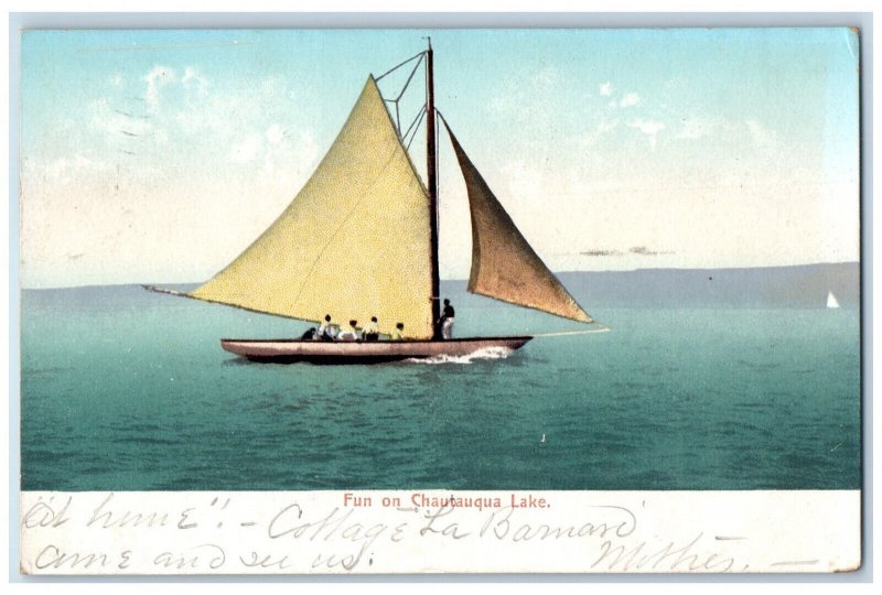 1908 Sailboat Fun on Chautauqua Lake New York NY Antique Posted Postcard