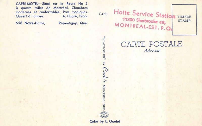 REPENTIGNY, Quebec Canada  CAPRI MOTEL  Roadside  c1950's Chrome Postcard