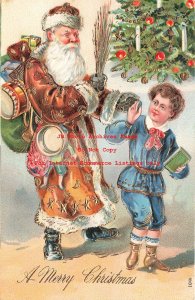 Christmas, Otto Schloss No 1046-1 Gold,Brown Robe Santa Shows Boy Switch, Toys