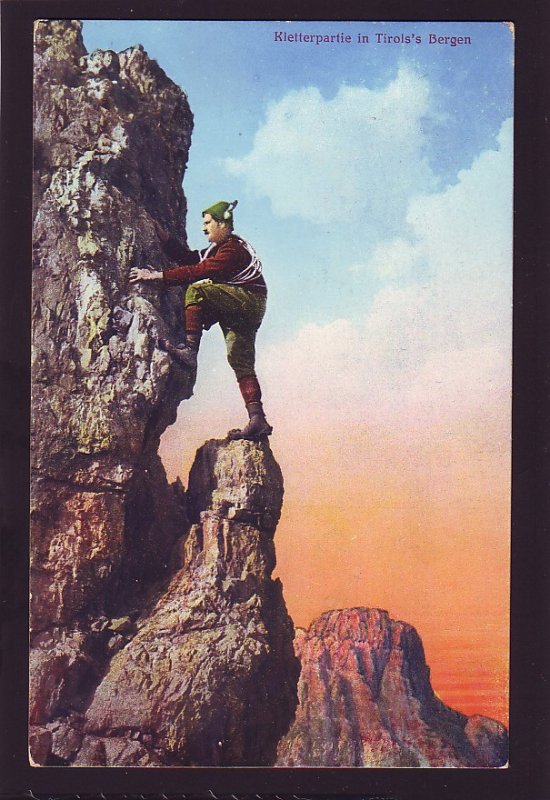 P1519 old unused postcard man climbing a mountain tirois,s bergen switzerland