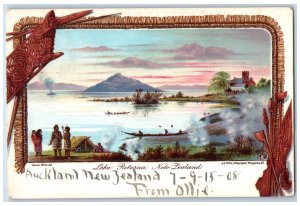 c1905 View Of Lake Rotorua New Zealand, Canoeing Native Hut Antique Postcard 