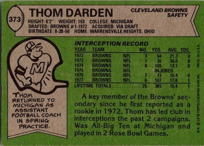 1978 Topps Football Card Thom Harden Cleveland Browns sk7102