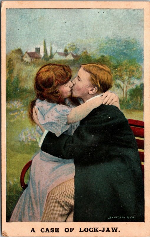 A CASE OF LOCK JAW - COMEDY Vintage Romantic 1900's Collectible Antique Postcard