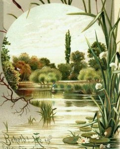 1880s-90s Raphael Tuck Easter Card Lake Water Lilies Punt Boat Moon #5N