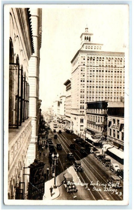 RPPC SAN DIEGO, CA ~ Broadway STREET SCENE Looking West c1940s Cars Postcard