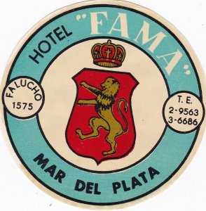 Argentina Mar Del Plata Hotel Fama Vintage Luggage Label sk2485