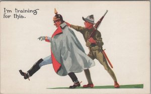 Military Postcard US Soldier Teasing German Soldier I'm Training for This