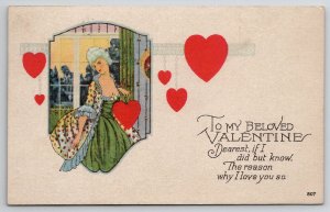 Valentine Greeting Pretty Woman Red Hearts 1924 Postcard L22