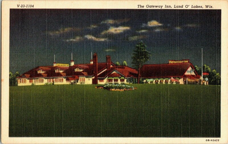 The Gateway Inn Land Lakes Wisconsin Night Linen Postcard Unp Night Vintage Vtg 