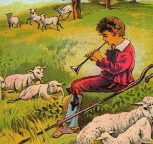 1870s-80s Victorian Card Sheep & Sheepherder Musical Instrument P207