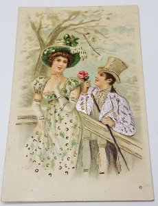 ROMANCE FOIL GOLD BRONZE GILDED EMBOSSED COUPLE 1907 POSTCARD ASB C2