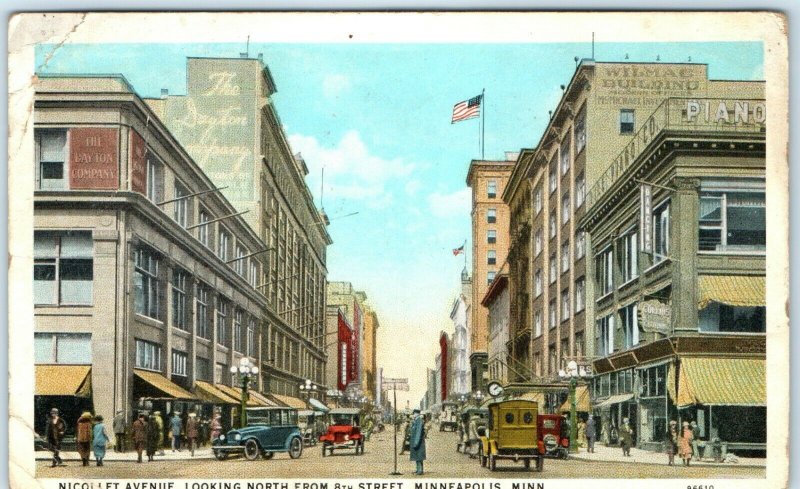 c1920s Minneapolis, MN Nicollet Ave & 8th Downtown Postcard Main Street Cars A41