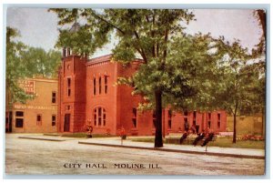 c1950's City Hall Building Dirt Road Benches Entrance People Moline IL Postcard