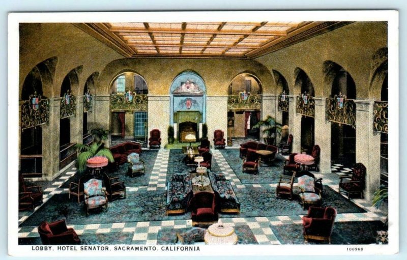 2 Postcards SACRAMENTO, California CA ~ HOTEL SENATOR & LOBBY Interior c1930s 