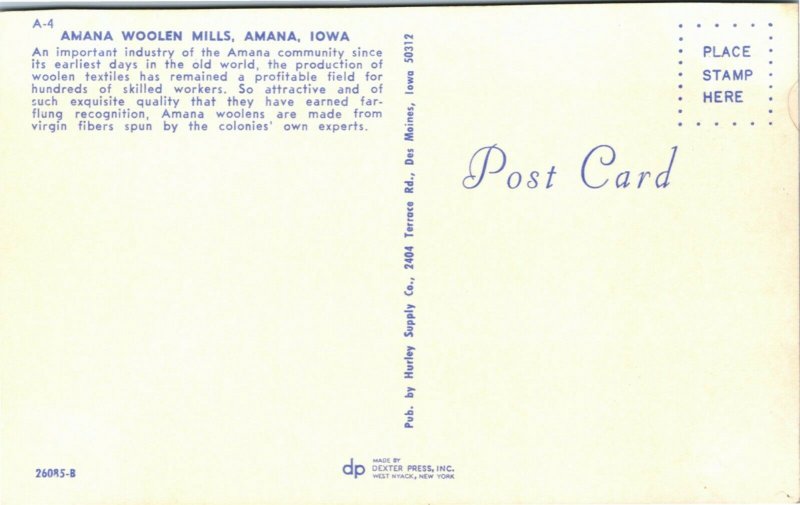 Postcard IA Amana Amana Woolen Mills - Textile Industry 1960s J3