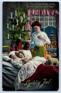 Christmas Postcard Children Sleeping With Horse Toy Houses c1910's Antique