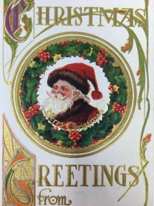 c. 1911 Santa Claus Christmas Postcard Greetings Holly