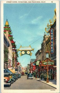 Chinatown Street Scene w/ Vintage Cars San Francisco California Postcard