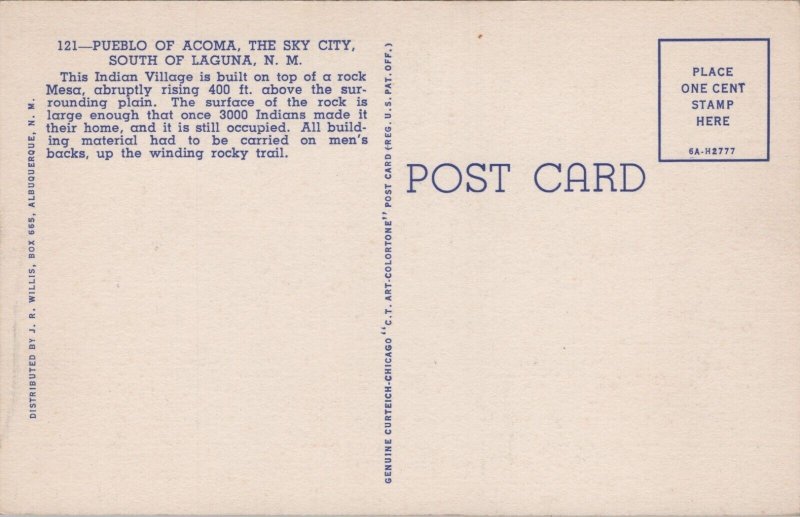 USA Pueblo Of Acoma The Sky City South Of Laguna New Mexico Linen Postcard 09.62