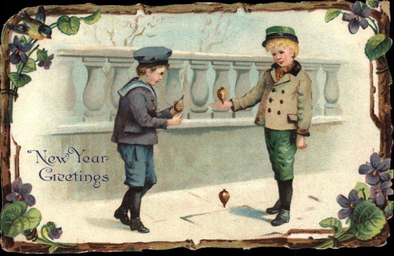 New Year Little Boys with Antique Spinning Tops Toys c1910 Vintage Postcard