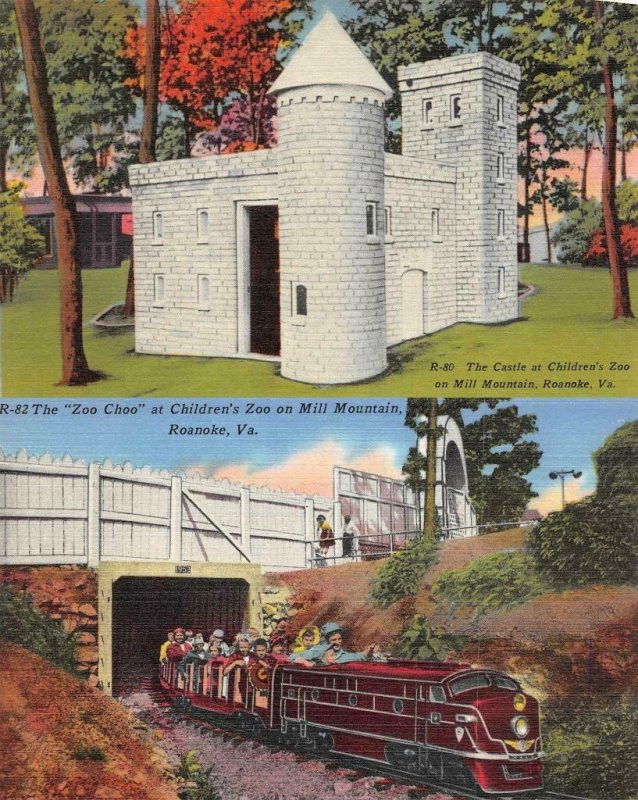 ROANOKE, VA Virginia  MINIATURE TRAIN & CASTLE Mill Mountain Zoo  *2* Postcards