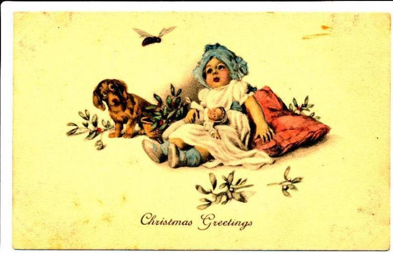 Dog and Baby Hand Colored Christmas Greetings