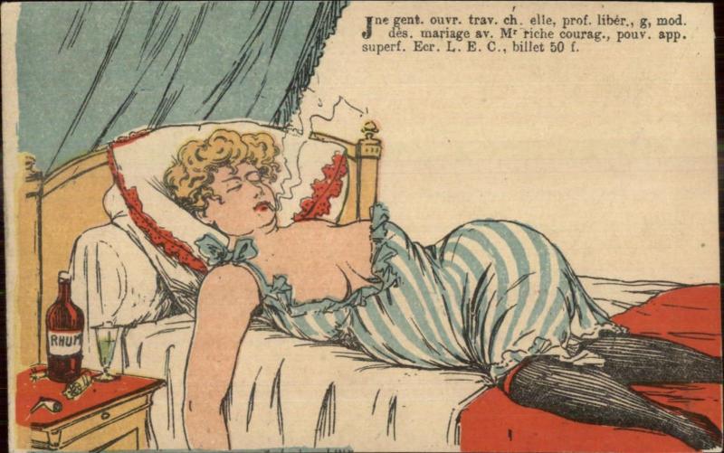 French Woman Passed Out Smoking Cigarette Prostitute? Drugs? Postcard 