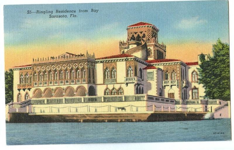 Ringling Residence from Bay, Sarasota, Florida, 1956 used linen Postcard