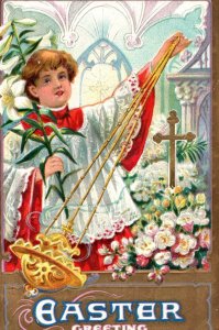 C. 1909 Choir Boy Incents Lilies Church Mass Easter Gilt Vintage Postcard P98