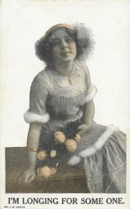 Postcard  nostalgic woman fancy dress yellow roses bouquet