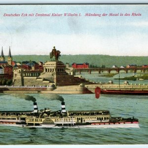 1910s Koblenz Germany Deutsches Eck Kaiser Wilhelm Statue Postcard Steamship A10