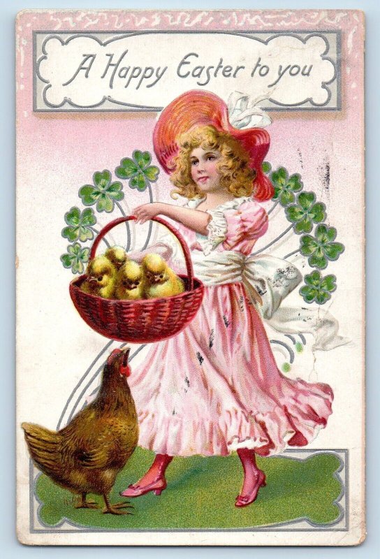 Calumet Michigan MI Postcard Easter Pretty Girl With Baby Chick On Basket Tuck